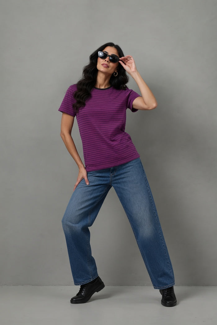 Women's Purple Striped Jersey Cotton Shirt  Regular Fit