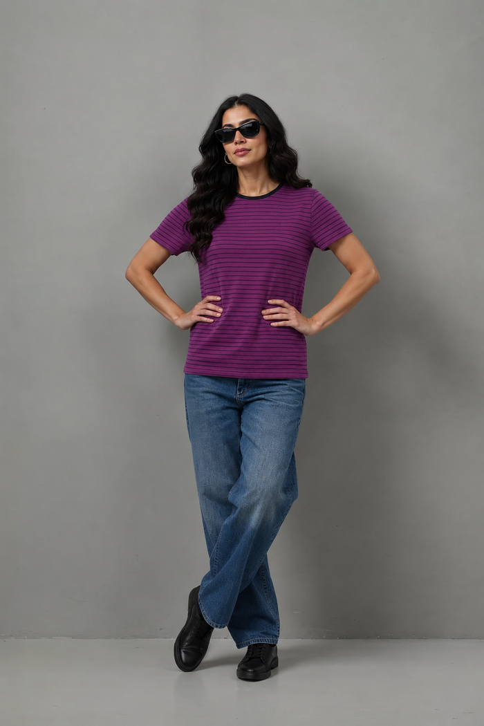 Women's Purple Striped Jersey Cotton Shirt  Regular Fit