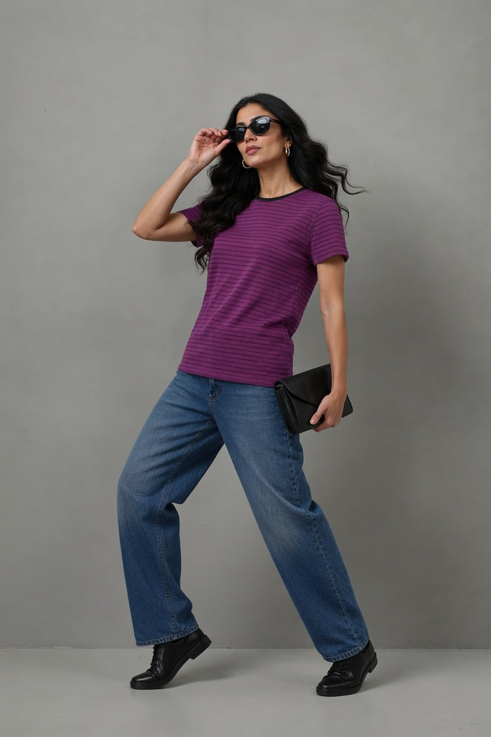 Women's Purple Striped Jersey Cotton Shirt  Regular Fit