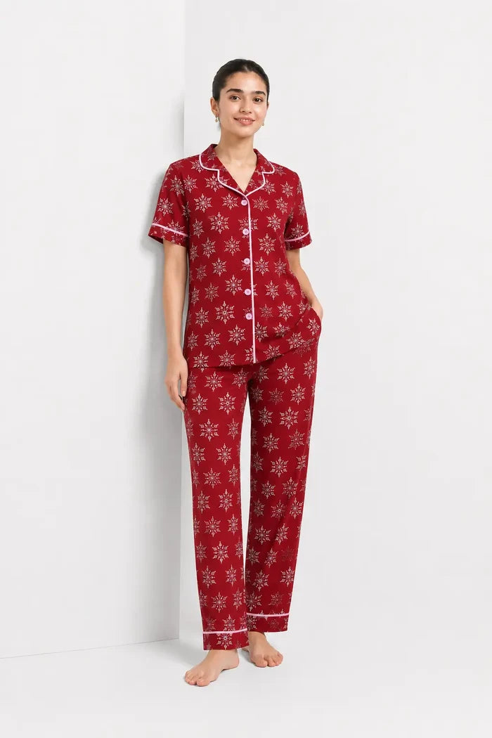 Women’s Red Printed Jersey Cotton Soft Button-Down Pajama Set