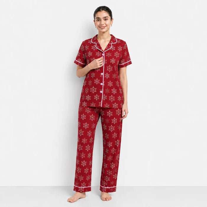 Women’s Red Printed Jersey Cotton Soft Button-Down Pajama Set