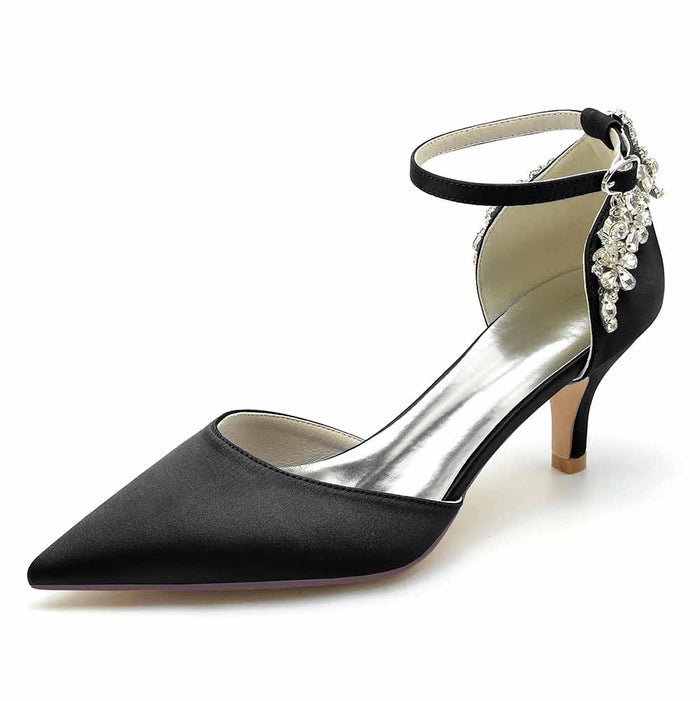 Women's satin bridal heels in black with a decorative ankle strap for elegant wedding attire