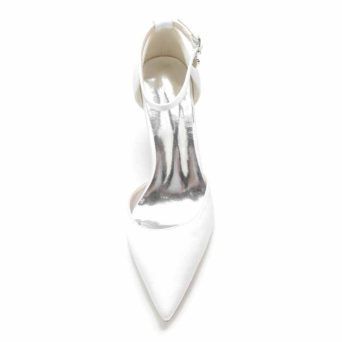 Women's satin closed toe high heels in white with an elegant pointed toe design