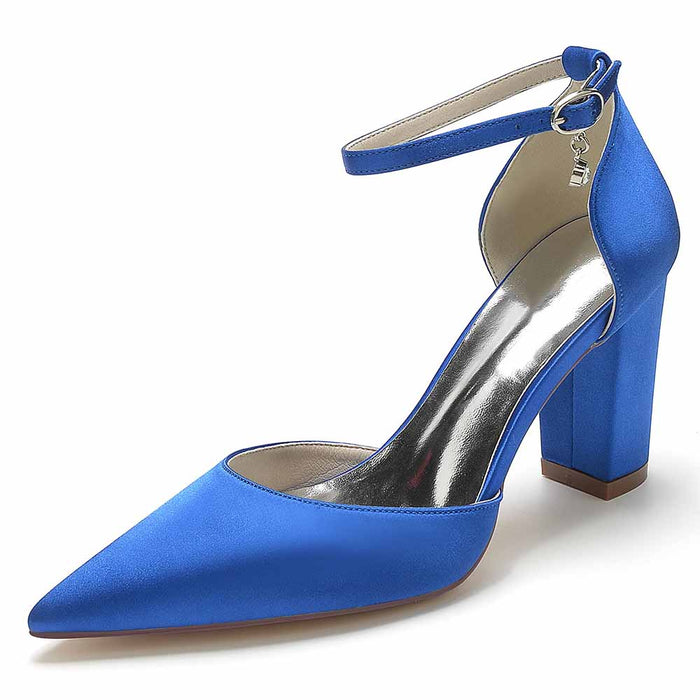 Women's satin closed toe high heels in vibrant blue with ankle strap and block heel