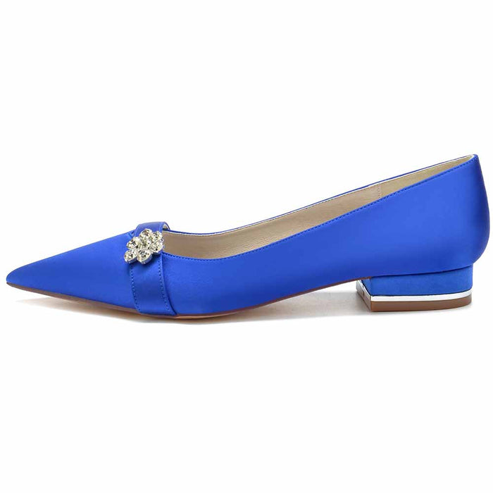 Elegant blue TC women's satin flats for weddings featuring a decorative embellishment