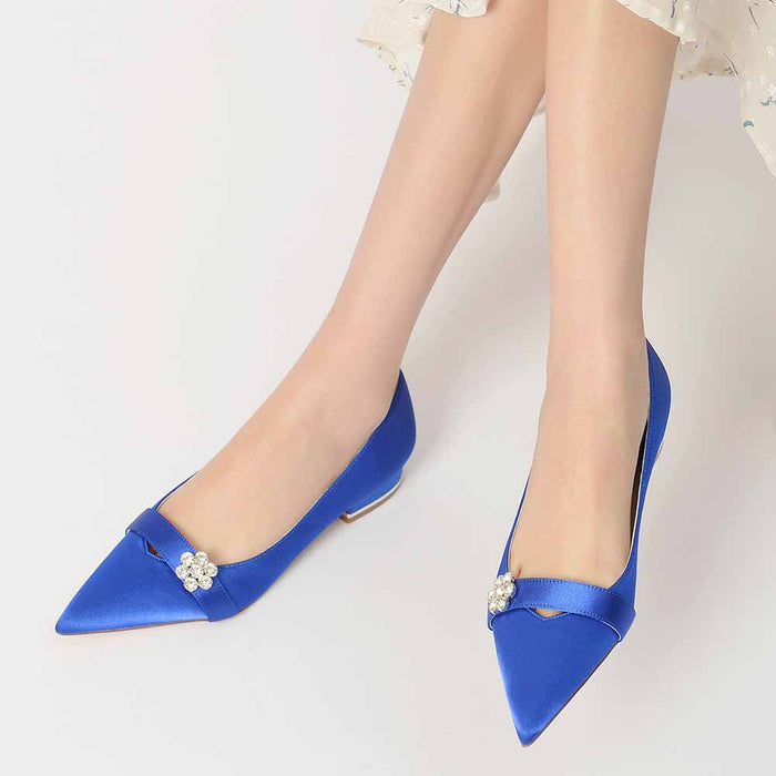 TC women's satin flats for weddings in blue with decorative bow and pearl accents