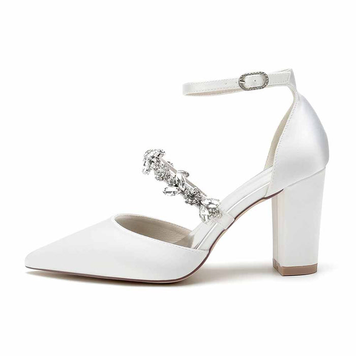 Women's satin rhinestone high heels with stylish ankle strap and block heel design