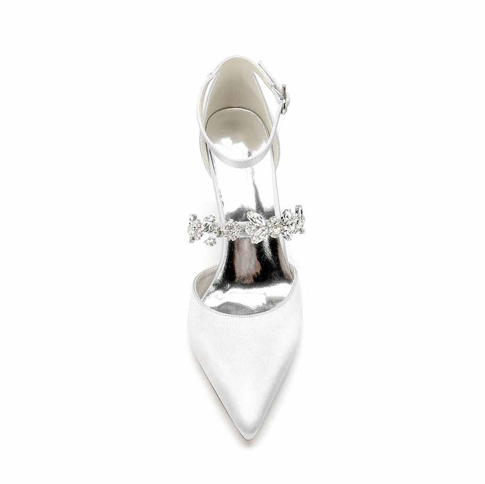 Women's satin rhinestone high heels with a stylish pointed toe and elegant ankle strap