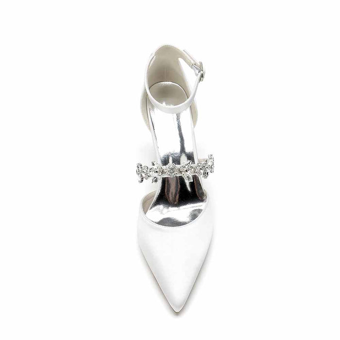 Women's satin rhinestone high heels with elegant ankle strap and pointed toe design