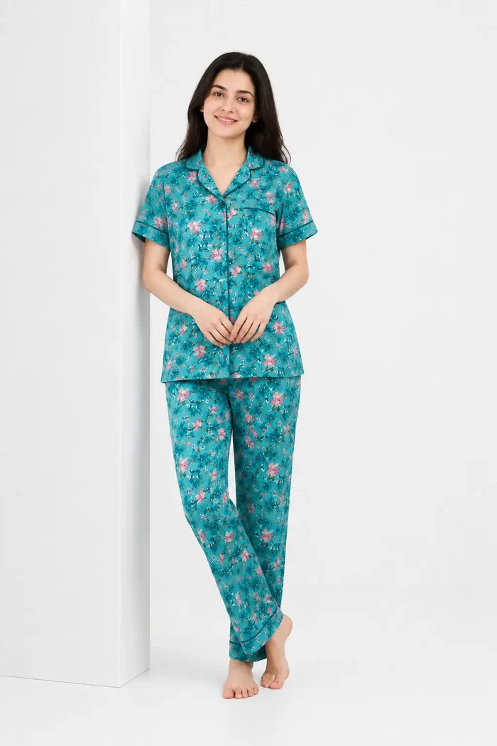 Women’s Teal Floral Printed Jersey Cotton Soft Button-Down Pajama Set