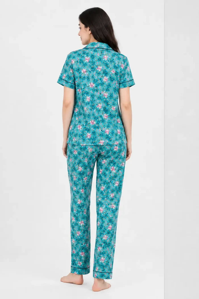 Women’s Teal Floral Printed Jersey Cotton Soft Button-Down Pajama Set