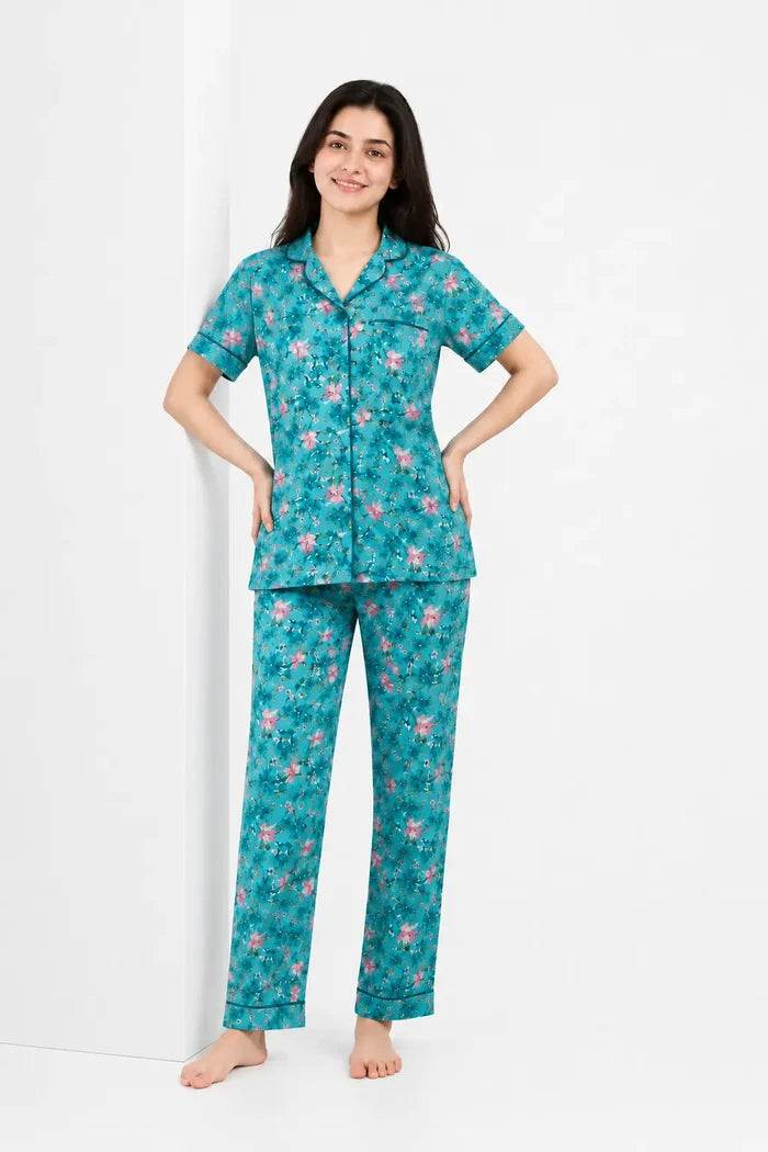 Women’s Teal Floral Printed Jersey Cotton Soft Button-Down Pajama Set