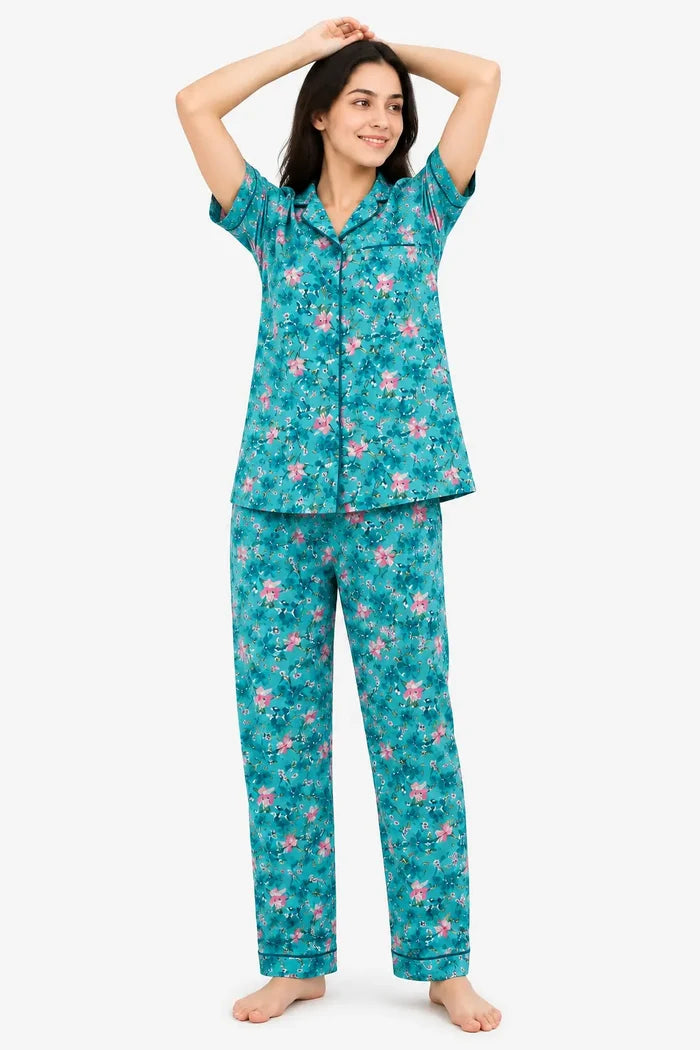 Women’s Teal Floral Printed Jersey Cotton Soft Button-Down Pajama Set
