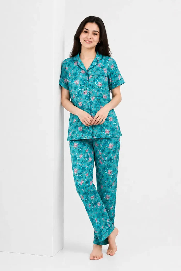 Women’s Teal Floral Printed Jersey Cotton Soft Button-Down Pajama Set
