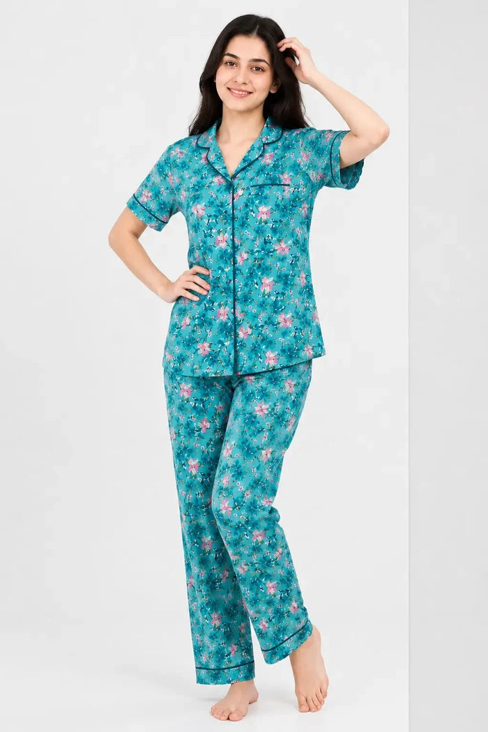 Women’s Teal Floral Printed Jersey Cotton Soft Button-Down Pajama Set