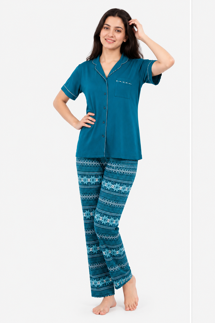 Women’s Teal Geometric Printed Jersey Cotton Soft Button-Down Pajama Set