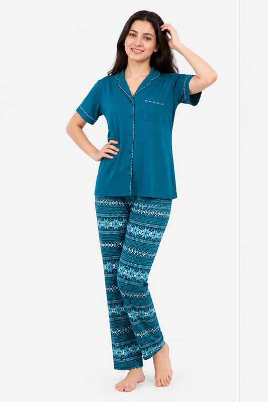 Women’s Teal Geometric Printed Jersey Cotton Soft Button-Down Pajama Set