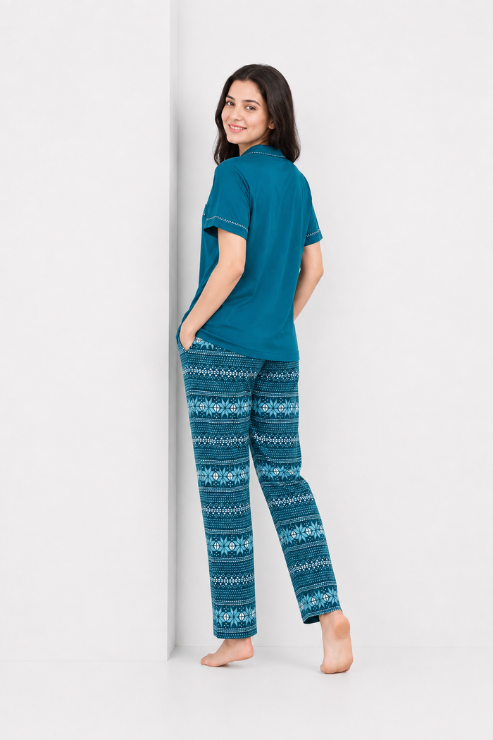 Women’s Teal Geometric Printed Jersey Cotton Soft Button-Down Pajama Set
