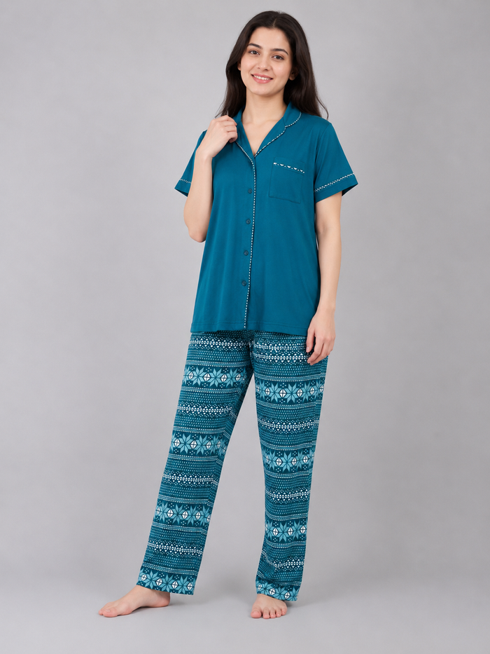 Women’s Teal Geometric Printed Jersey Cotton Soft Button-Down Pajama Set