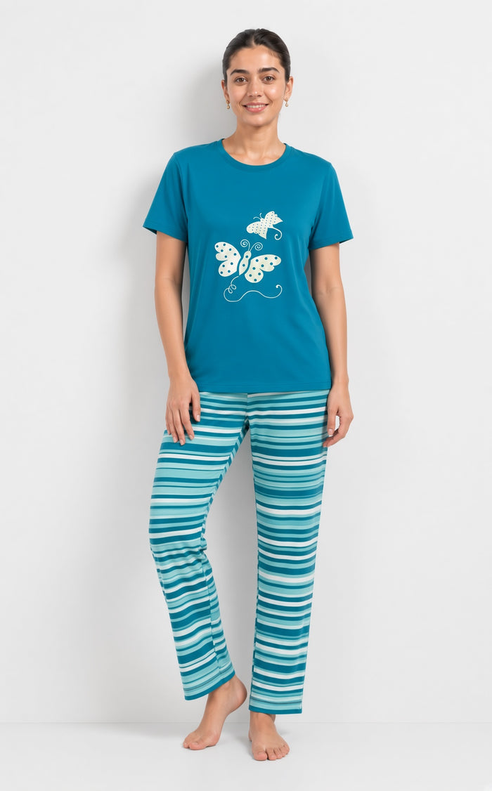 Women Teal Green Printed T-Shirt Butterfly  & Striped Trouser Set