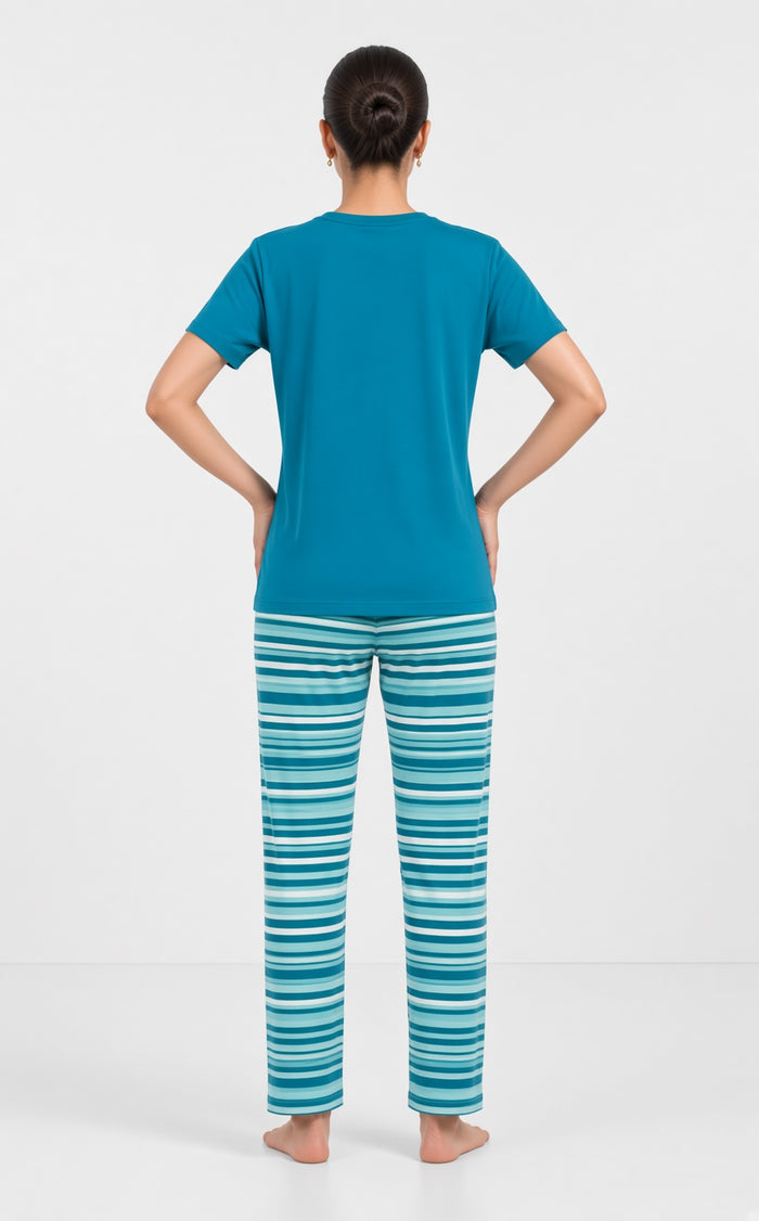 Women's Teal Green Printed T-Shirt Butterfly  & Striped Trouser Set