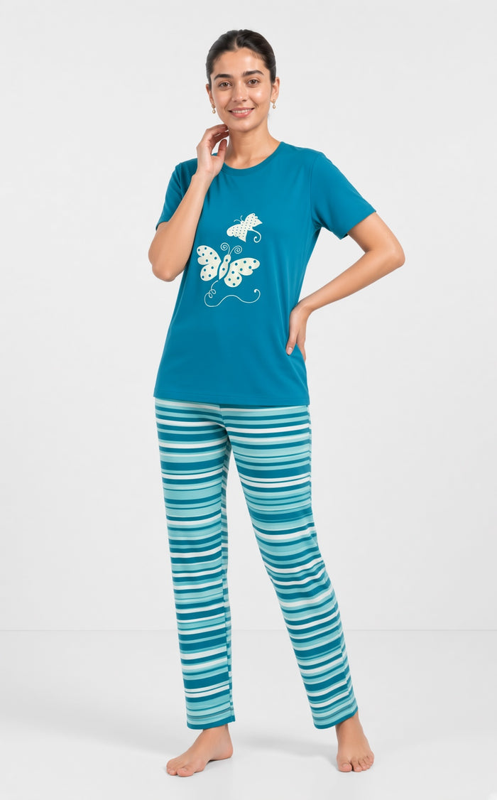 Women's Teal Green Printed T-Shirt Butterfly  & Striped Trouser Set