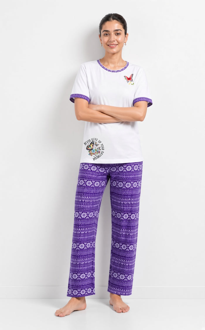 Women’s White & Purple Butterfly Print Single Jersey Cotton Pajama Set