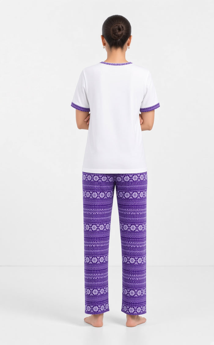 Women’s White & Purple Butterfly Print Single Jersey Cotton Pajama Set
