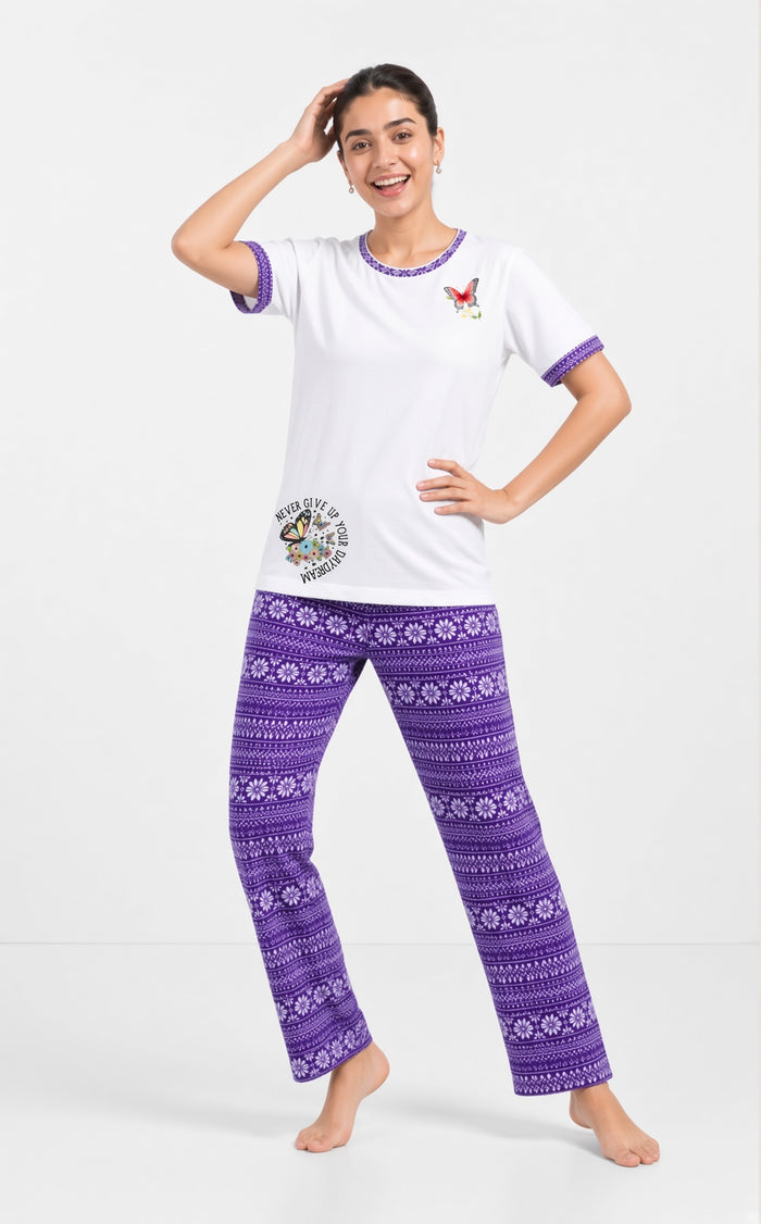 Women’s White & Purple Butterfly Print Single Jersey Cotton Pajama Set