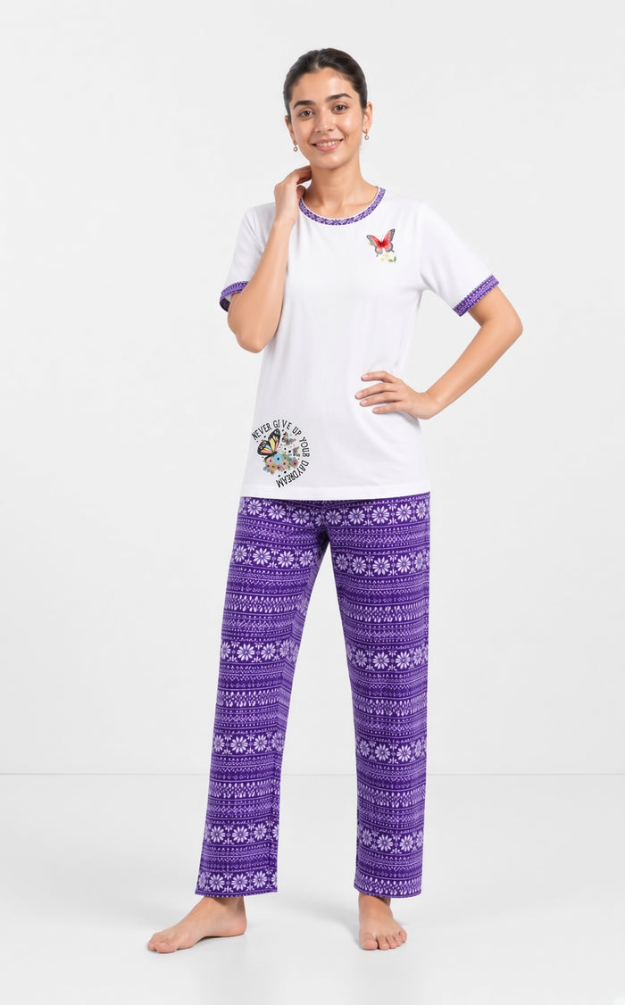 Women’s White & Purple Butterfly Print Single Jersey Cotton Pajama Set