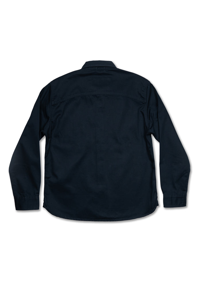 Navy blue long-sleeve shirt viewed from the back, showcasing a classic collar and simple design on a white background.
