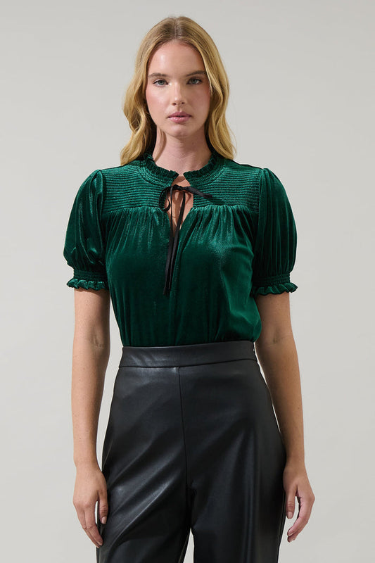 Zary Velvet Tie Ruffle Top