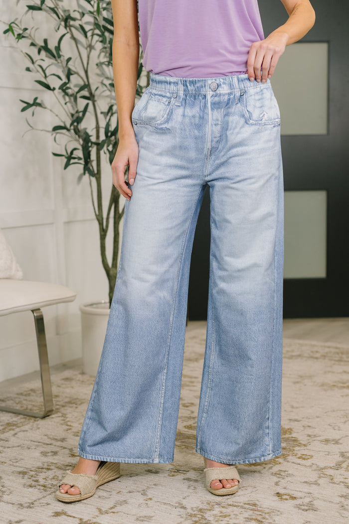 Zenim Printed Wide Leg Bottoms in Light Wash by Dear Scarlett
